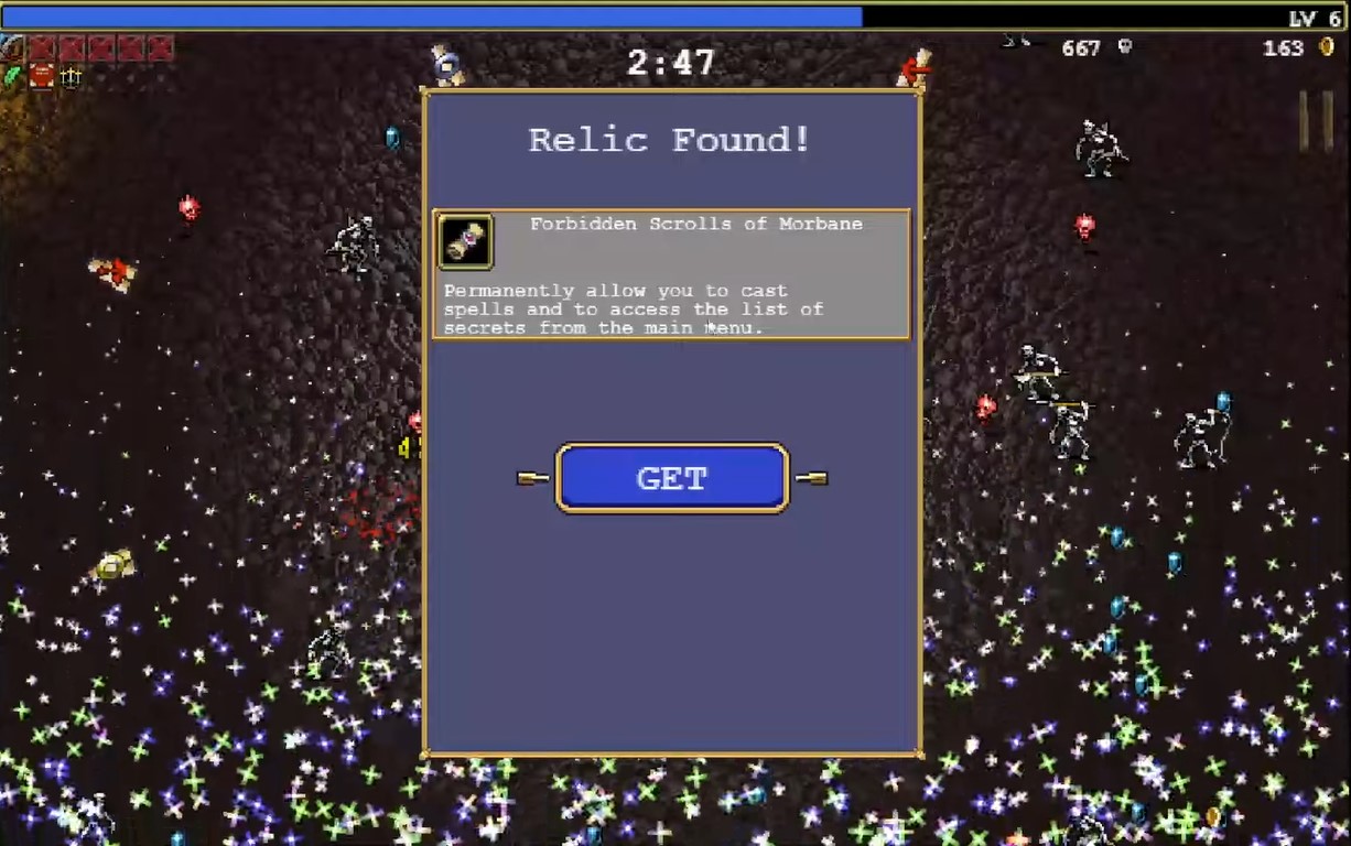 The screen that appears when relic is found