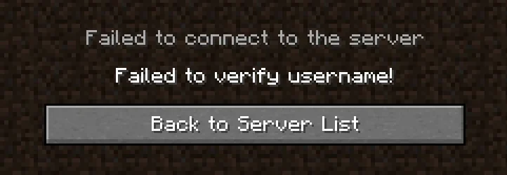 Error message showing the failed to verify username error encountered by players in Minecraft.