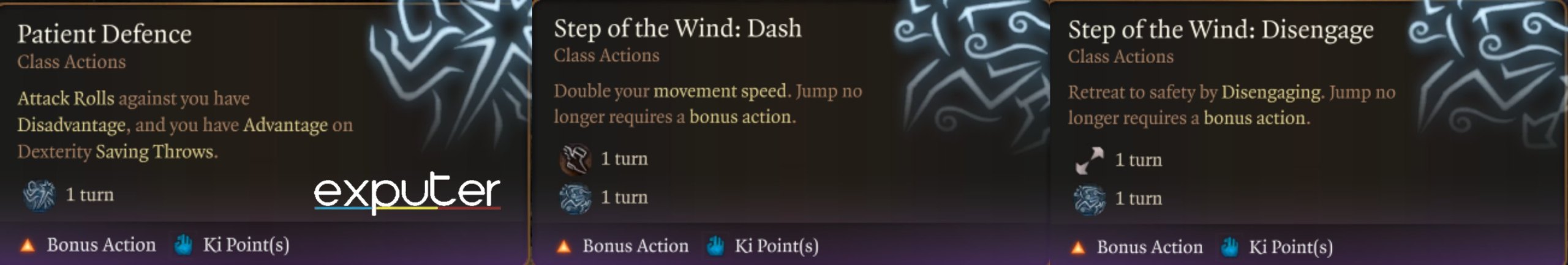 BG3 Actions: Patient Defence, Step of the Wind: Dash, Step of the Wind: Disengage 
