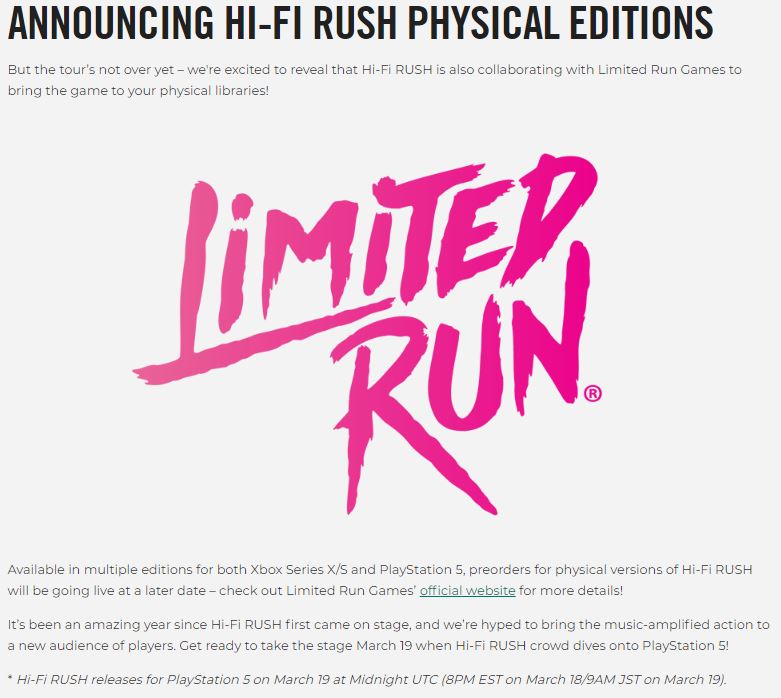 Hi-Fi Rush is getting a physical release.