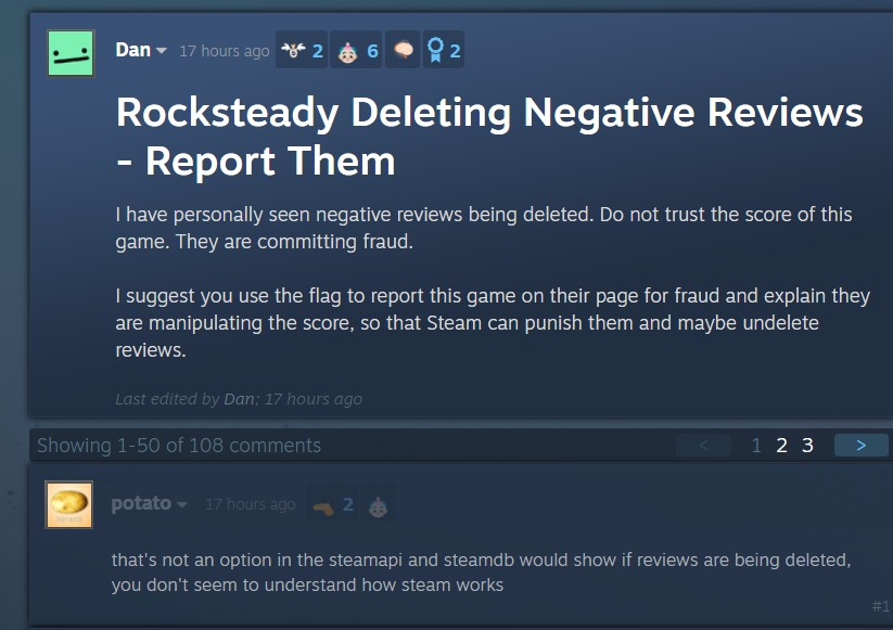 Rocksteady Studios cannot delete the negative reviews from the game's steam page despite claims of players.