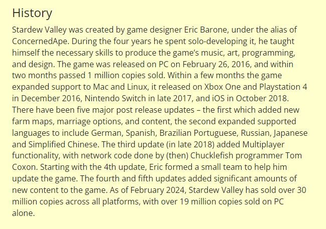Stardew Valley has sold over 30 million copies to date.