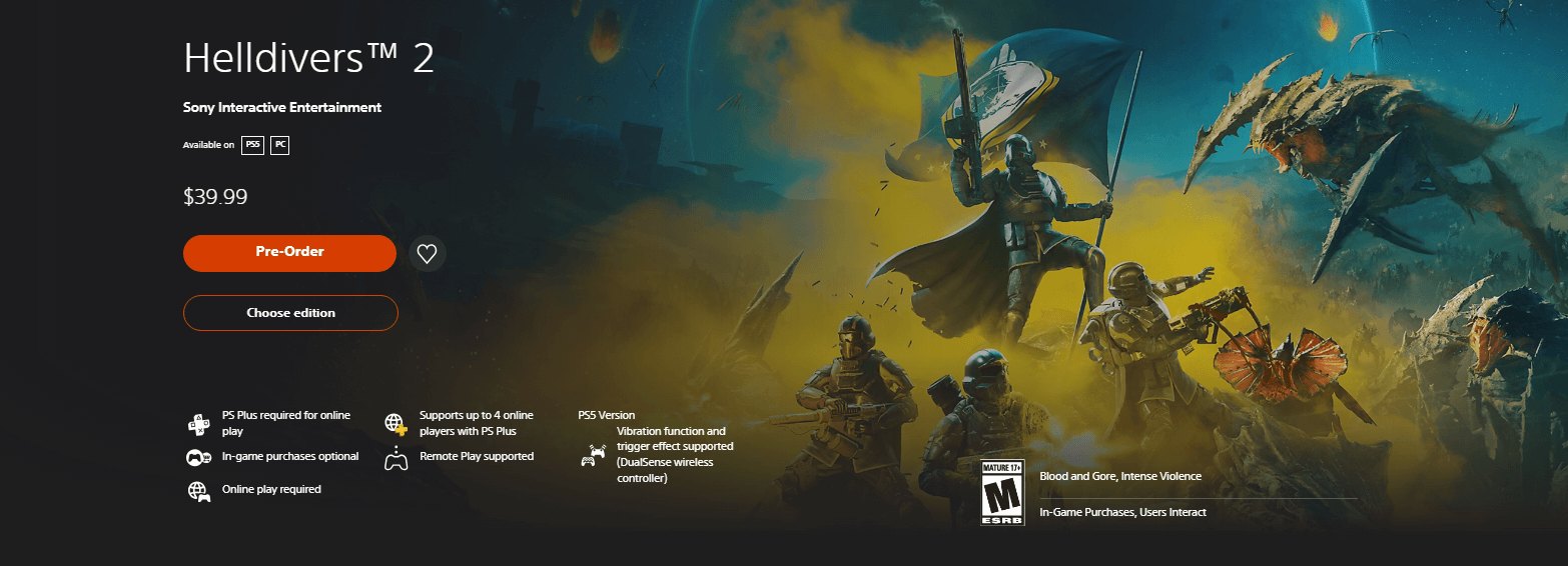 The Helldivers 2 PlayStation Store Listing