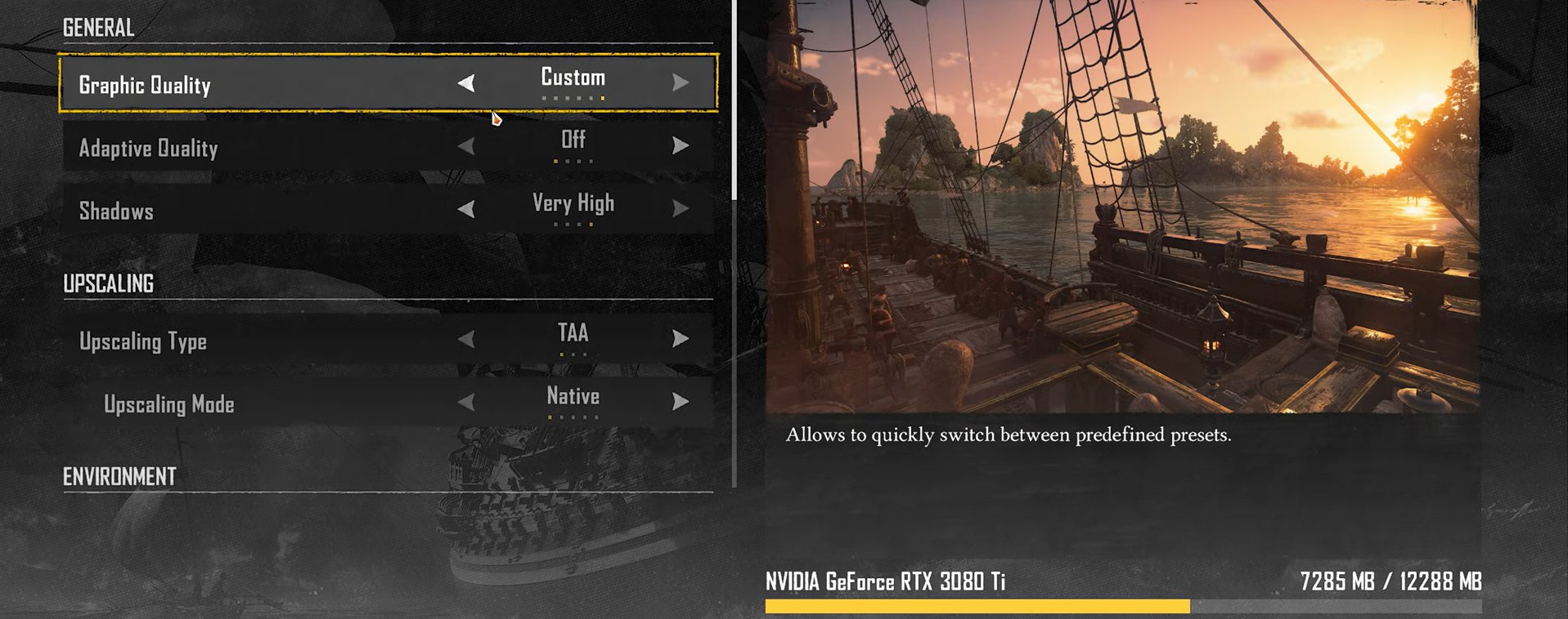 screen showing graphics settings for skull and bones
