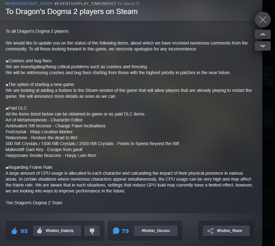 Capcom's Statement for Dragon's Dogma 2 Players on Steam