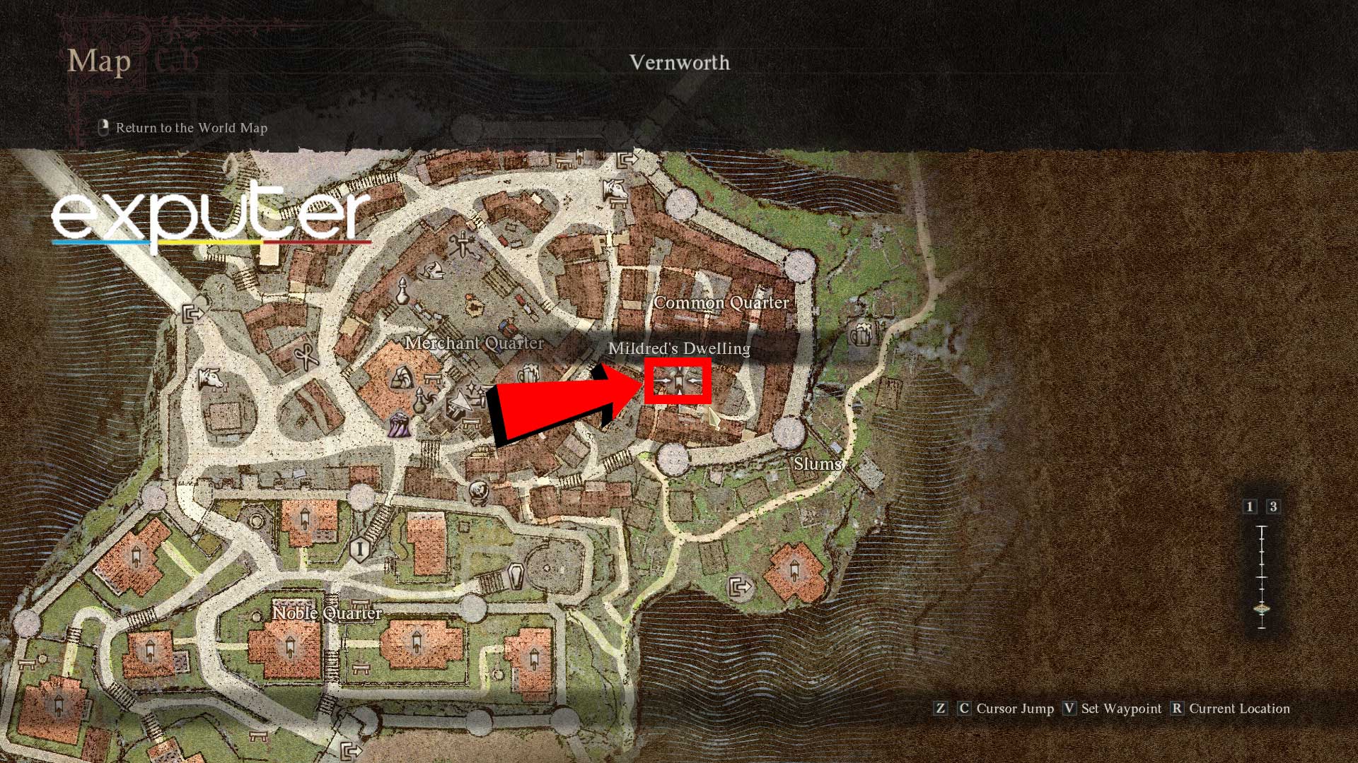 Dragon's Dogma 2 Mildred's house Location on Vernworth map. (image by eXputer)