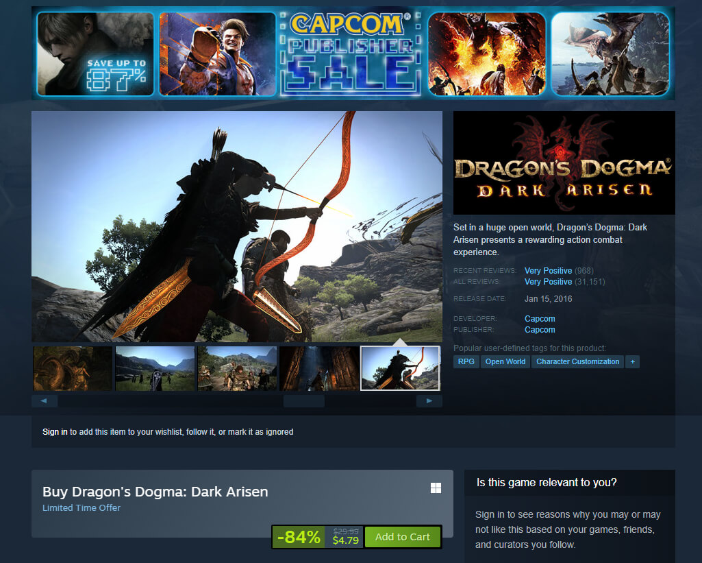 Dragon's Dogma: Dark Arisen Discounted Heavily on Steam