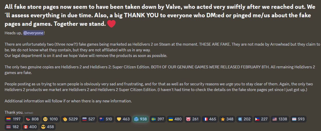 Fake store pages for Helldivers 2 have been taken down.