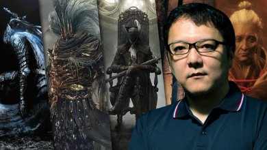 Miyazaki in front of FromSoftware titles.