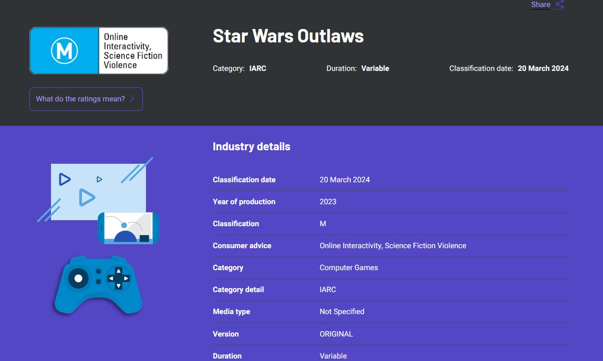 Star Wars Outlaws could release sooner than expected, as teased by the rating.