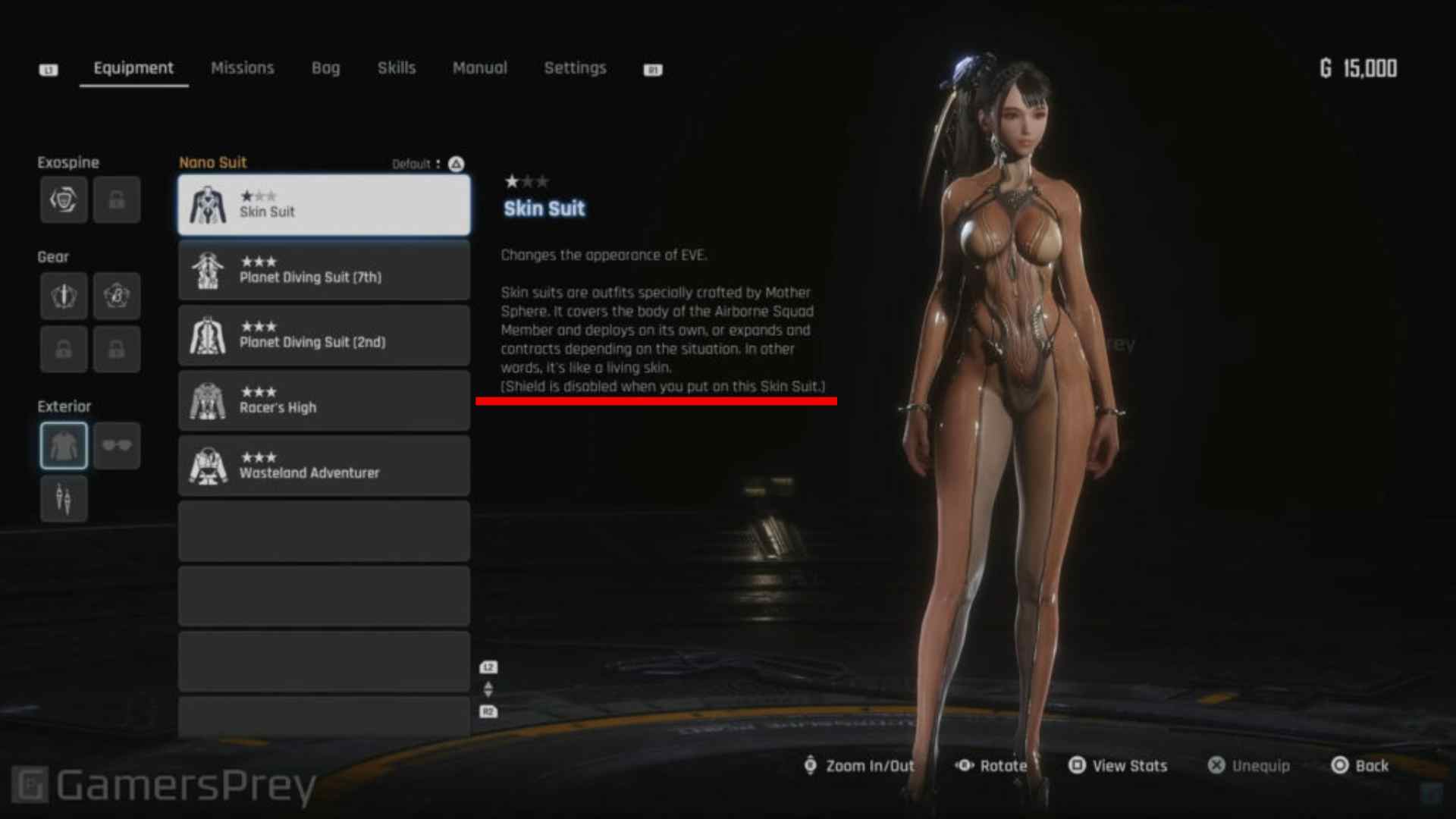 The Skin Suit will impact gameplay by disabling shields.