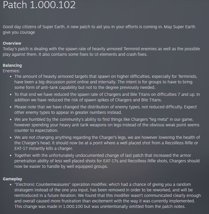 The patch notes of Helldivers 2's update 1.000.102.