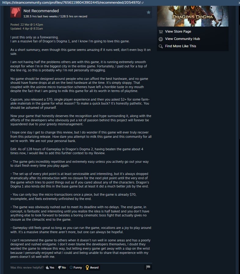 An Insightful Review of Dragon's Dogma 2 by a Steam Player
