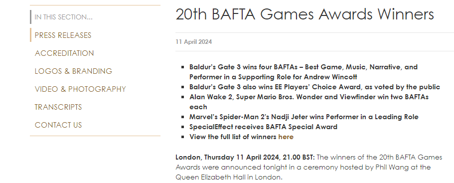Baldur's Gate 3 Taking Home 4 Different BAFTAs And One Additional Award