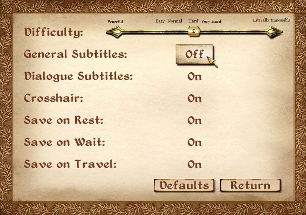 Difficulty settings seen in a more typical RPG like Oblivion.