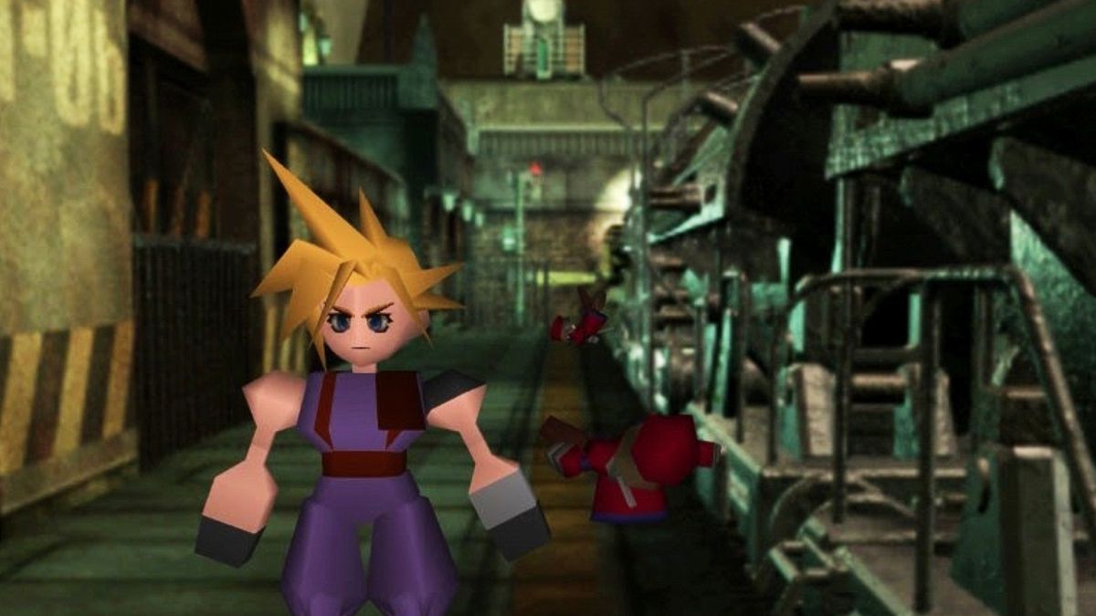 A yellow-haired boy with spikey hair standing next to a train in what seems to be an industrial factory.