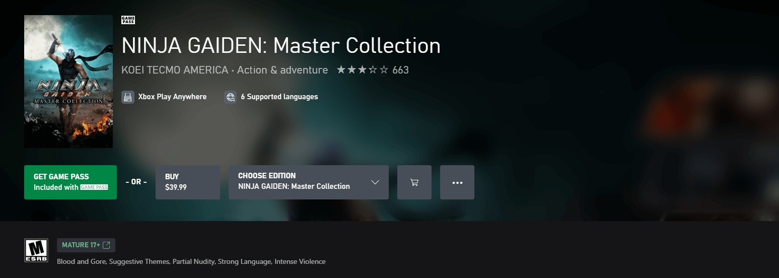 Ninja Gaiden Master Collection is on the Xbox Store