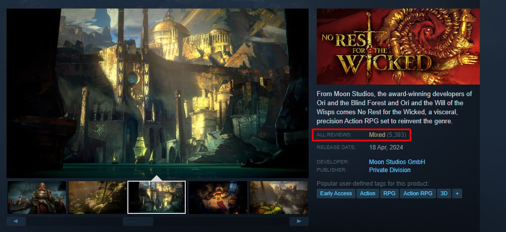 No Rest for the Wicked's Review Rating on Steam