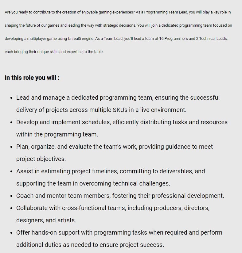 The job listing for the Programming Team Lead role mentions an in-dev multiplayer title using UE5.