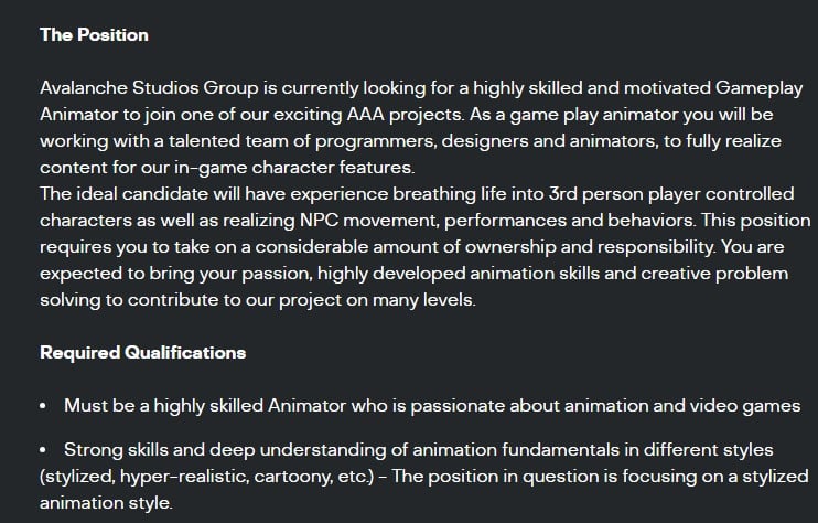 The listing for gameplay animator the hired dev to work on a new AAA open-world title | Image Source: Avalanche Studios