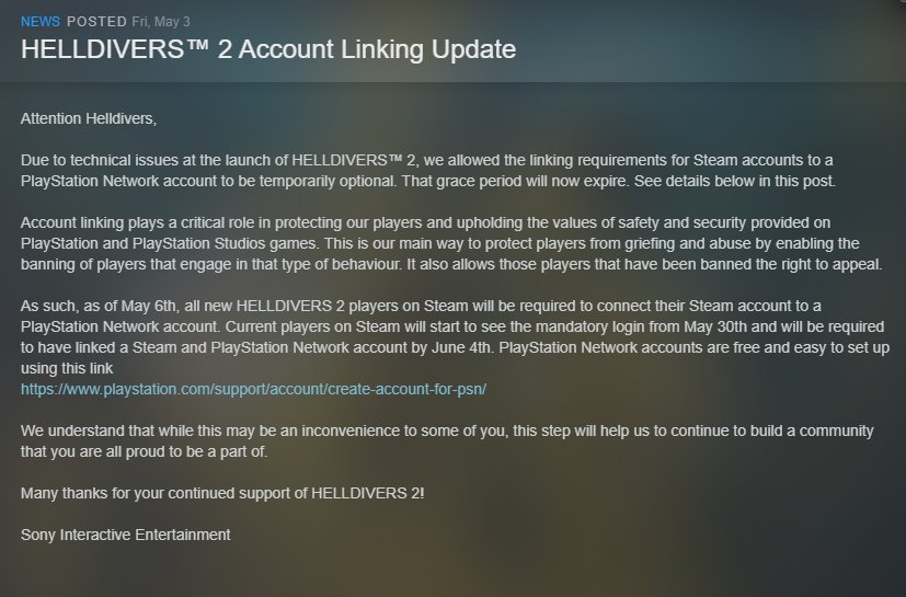 Helldivers 2's Latest Update Pertaining to Account Linking