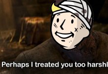 An edit of the bandaged-up face of Fallout's mascot character saying he treated something too harshly.