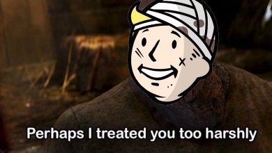 An edit of the bandaged-up face of Fallout's mascot character saying he treated something too harshly.
