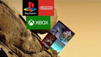 An edited image of Sisyphus pushing a huge bolder, but the bolder is replaced with gaming studios while Sisyphus is edited to be popular indie games.