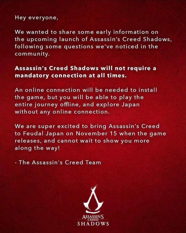 "Internet Required To Install Only" is still a slap on the face of physical users | Source: Assassin's Creed (Twitter)