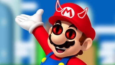 A character with a red hat and blue overalls edited to have devil horns and demon eyes.