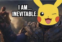 An edited image of Thanos from the Marvel Cinematic Universe saying he's inevitable, but instead of Thanos it's Pikachu.