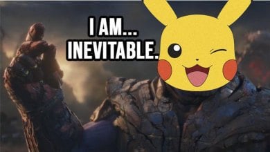 An edited image of Thanos from the Marvel Cinematic Universe saying he's inevitable, but instead of Thanos it's Pikachu.