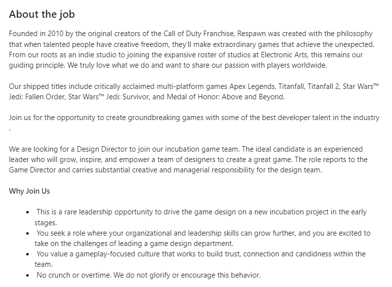 Respawn Is Hiring For A Fresh New Project At The Studio | Source: LinkedIn