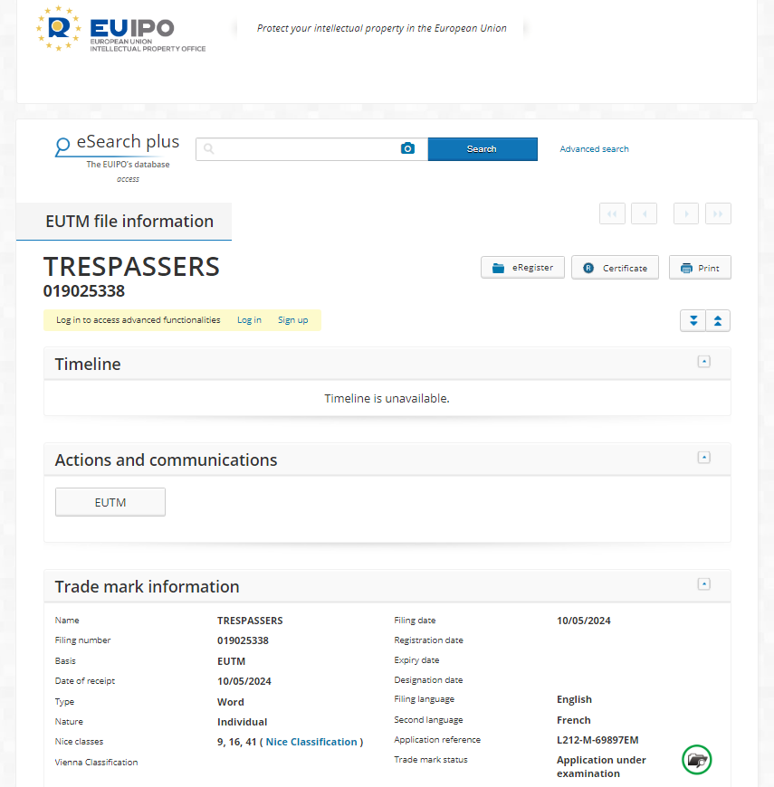 Trademark for Trespassers on EUIPO