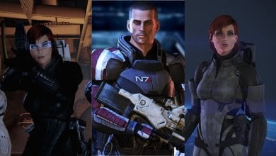 An edited image showing the player character in Mass Effect spanning across every game in the trilogy.