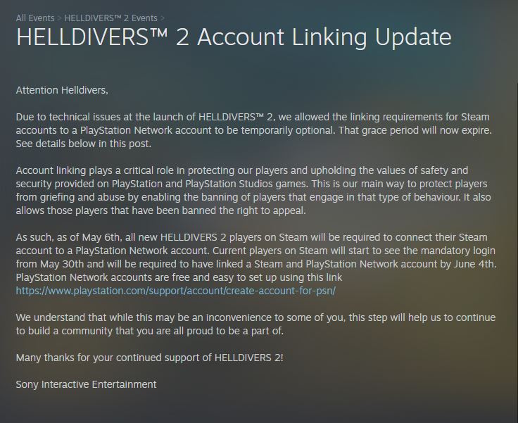 The official statement from Sony regarding the account linking in Helldivers 2. | Source: Steam