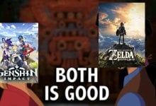 An edited image of the cover arts for The Legend of Zelda: Breath of the Wild and Genshin Impact saying "Both is good."