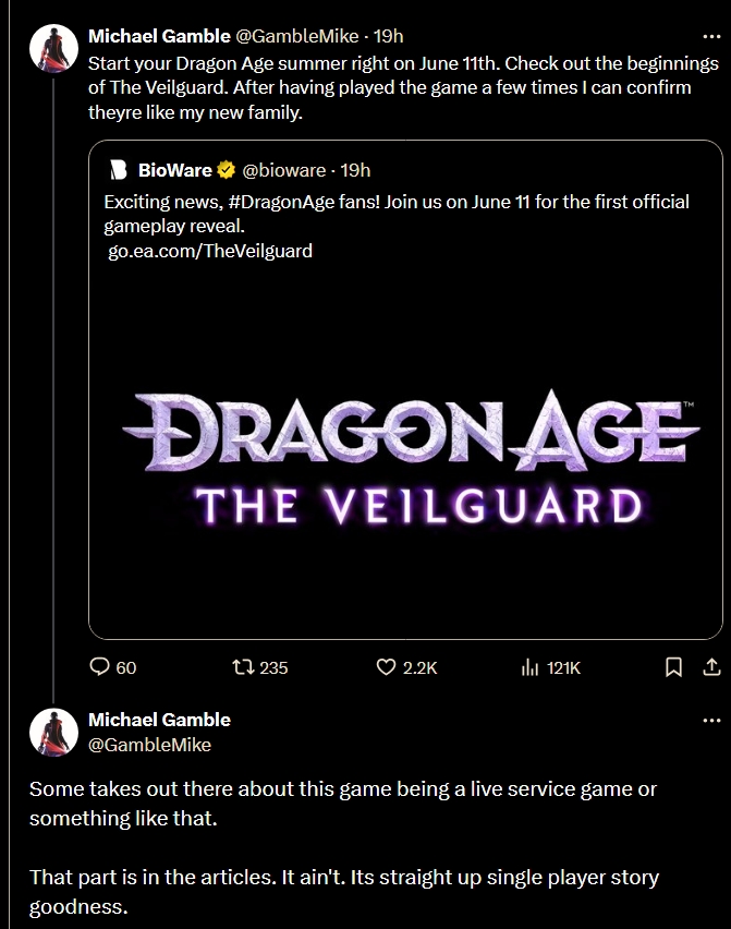 Dragon Age: The Veilguard will be a complete single-player venture without any unwelcomed live-service elements | Image Source: Twitter