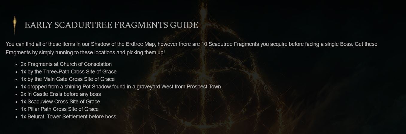 Locations Of The Early Scadutree Fragments (via Elden Ring Wiki).