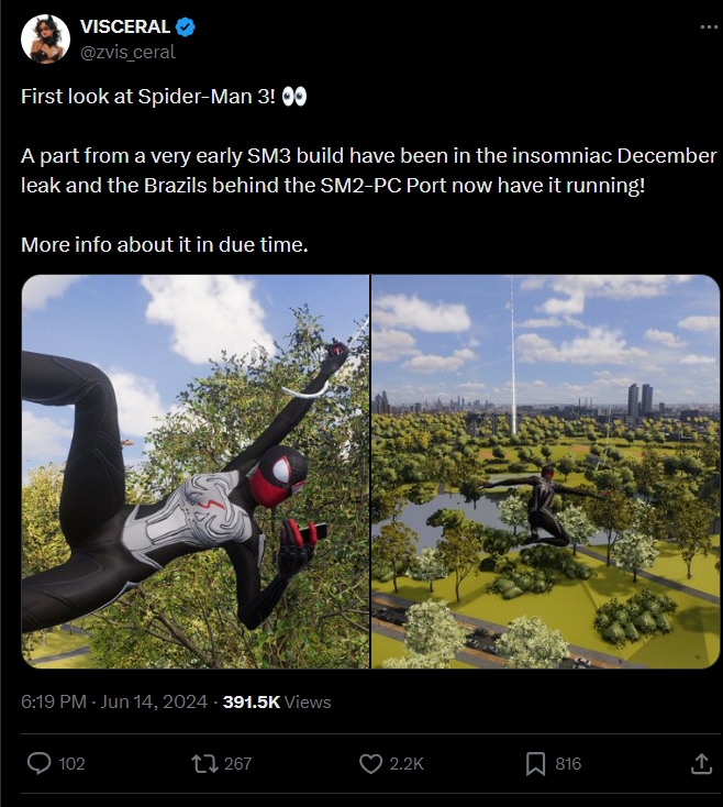 Marvel's Spider-Man 3 has only barely entered development, so the images do not show the final product | Image Source: Twitter