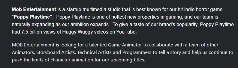 Poppy Playtime devs are hiring multiple developers to work on its AAA horror projects | Image Source: Mob Entertainment