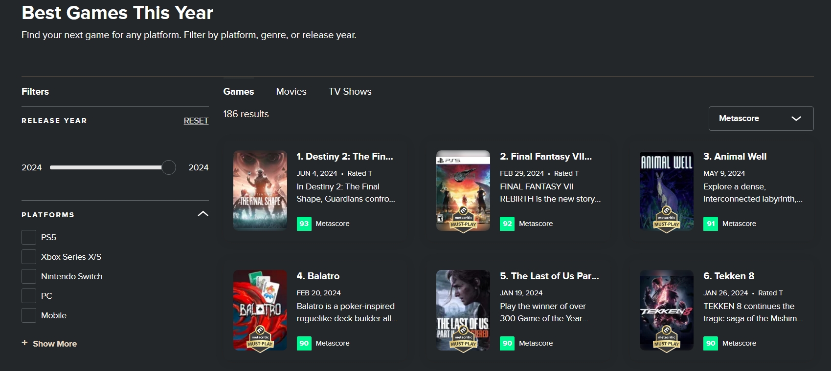 The Final Shape DLC has quickly grown to become the most successful release of 2024 | Image Source: Metacritic