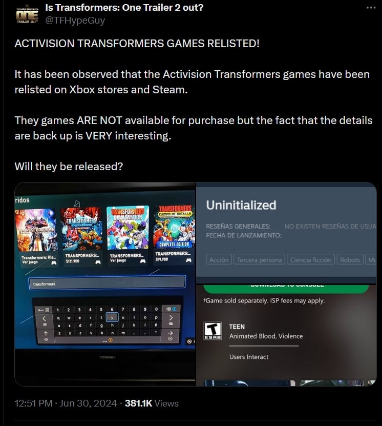 Activision's Transformers games are now available to be viewed on Xbox and Steam stores | Image Source: Twitter