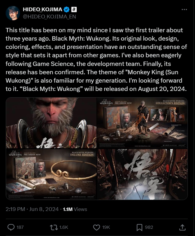 Even Hideo Kojima Himself Is Looking Forward To Playing Black Myth: Wukong