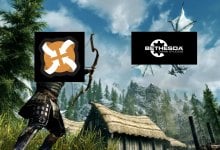 An edited image of the Skyrim key art, but instead of the Dragonborn shooting a dragon it's the Nexus Mod logo shooting the Bethesda logo.
