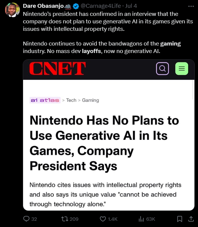 Nintendo Vows To Never Use Generative AI Avoid Downsizing, Despite Many Western Studios Doing The Opposite