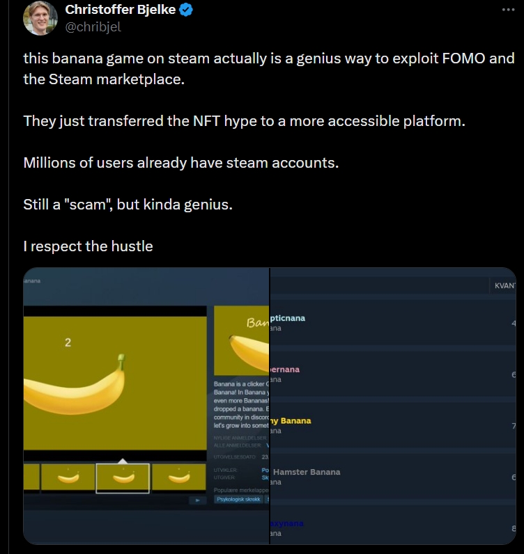 The Banana game on Steam has used various strategies to attract players like Moths | Image Source: Twitter