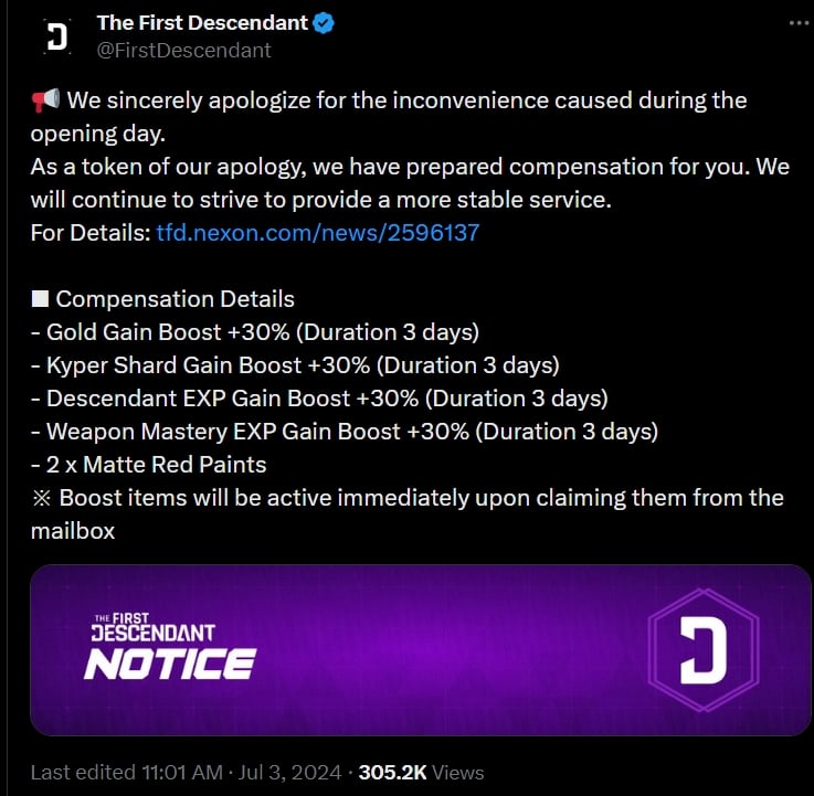 The Final Descendant devs have apologized for the mishaps on the launch day by compensating players | Image Source: Twitter