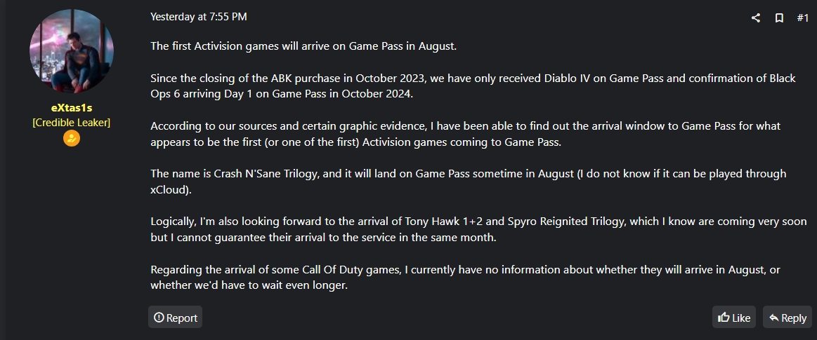 The credible insider eXtas1s claims that more Activision games will start arriving on Xbox Game Pass starting from August | Image Source: eXputer Forums