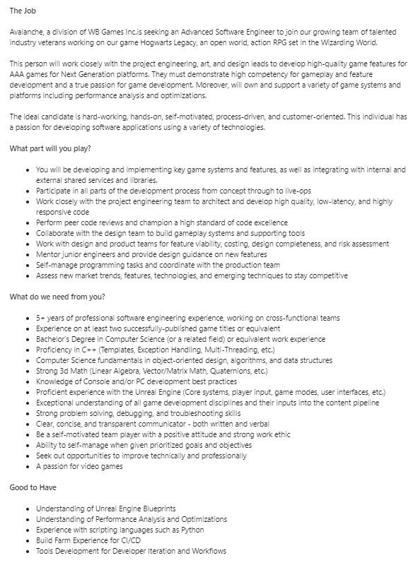 Advanced Software Engineer Job Offer at Avalanche Studios